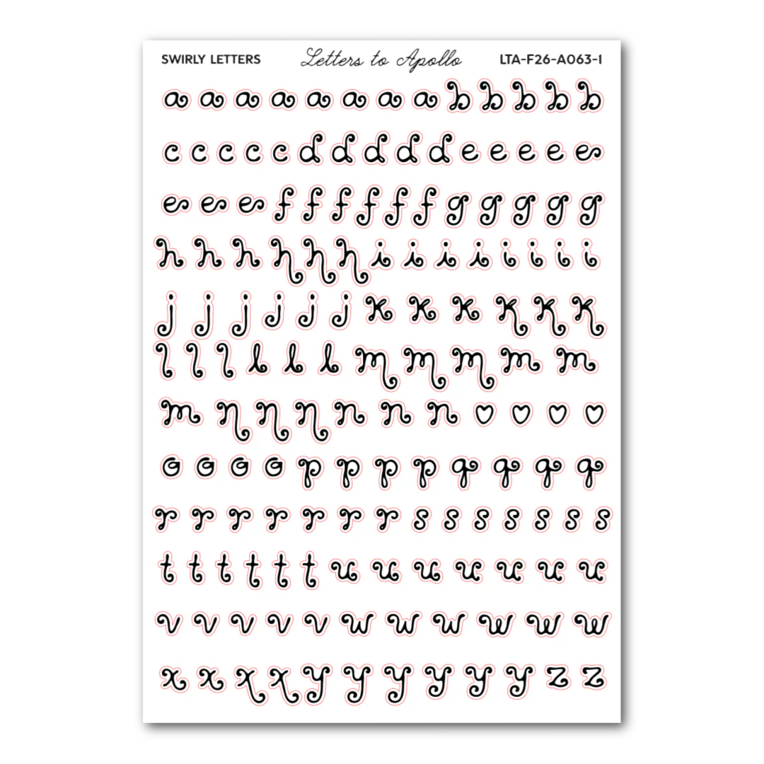 COMING SOON: Letters to Apollo - Swirly Letters Sticker Sheet (Black)