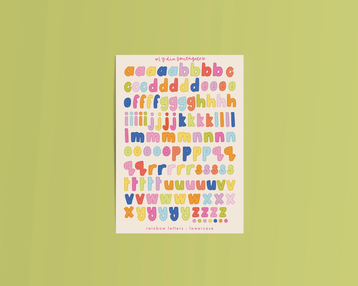 Coming Soon: Lydia Southgate - Lowercase Colourful Letters Sticker Sheet