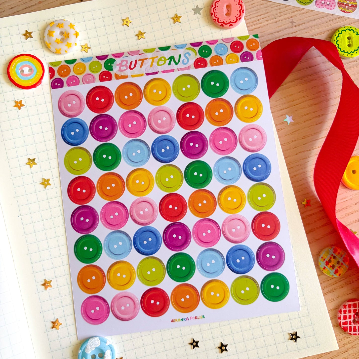 COMING SOON: Veronica Porlier Illustrations - Rainbow Buttons Sticker Sheet: In Stock