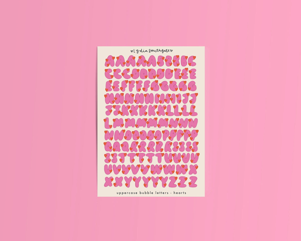 Coming Soon: Lydia Southgate - Illustrated Bubble Letters Sticker Sheet - Hearts